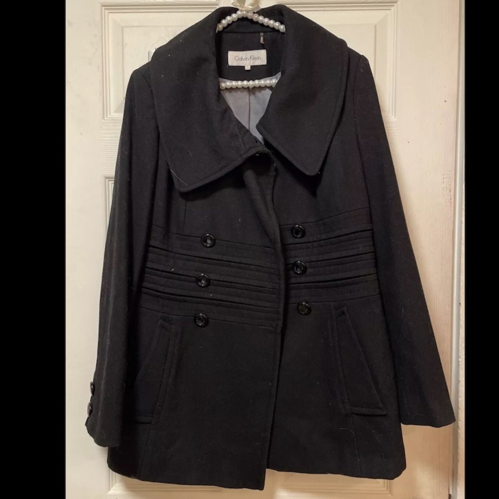 Calvin Klein Coat Womens 6 Black Wool Blend Double Breasted Pea Coat Classic GUC